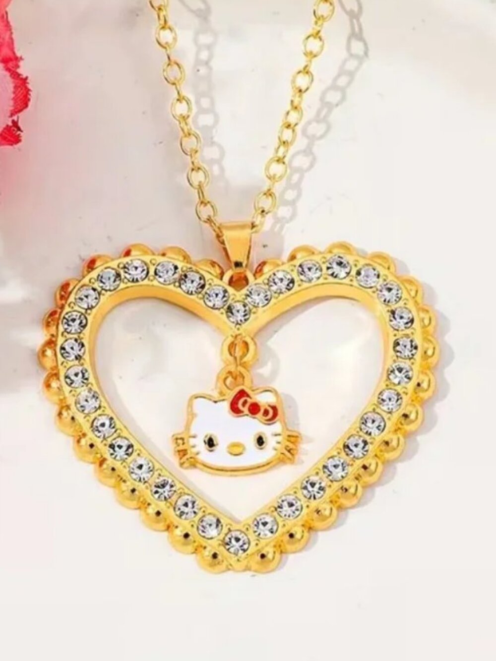 $5>>Sanrio Gold-tone Heart Necklace with Hello Kitty Charm and Clear Crystals
